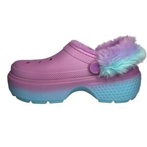 Women's Crocs Aespa Stomp Fur Lined Clogs Slip On Purple Blue Platform 9 EUC